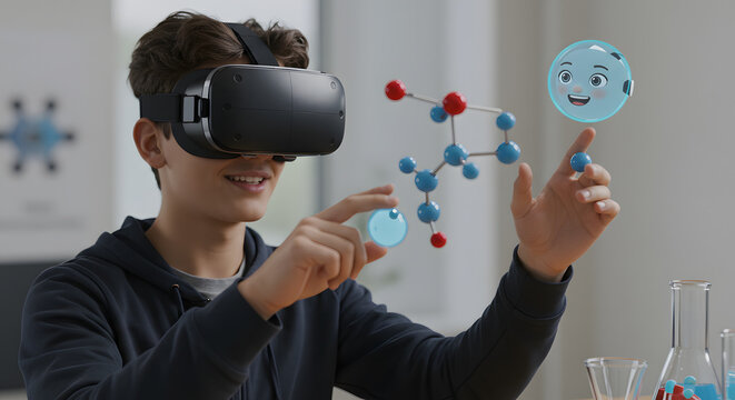 Young student explores molecular structures with VR headset, learning science interactively