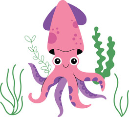 Cute pink squid cartoon with seaweed in ocean background, underwater marine animal vector illustration, fun decor for kids and design