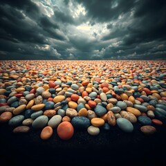 Obraz premium Minimalist Pebble Gradient: Aesthetic Flat Lay of Yellow, Red & Blue Stones on Dark Background - Textured Natural Patterns Studio Shot
