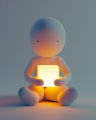 minimal 3D character sitting with a glowing AI cube between their hands, peaceful facial expression, learning and cooperation metaphor, editorial style