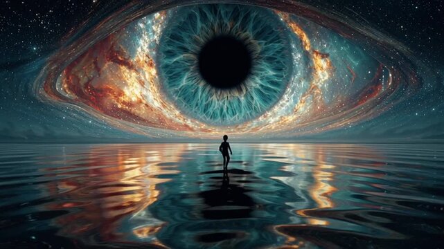 Rear-view of person dark reflective pool beneath giant surreal cosmic eye sky, eye blinking iris glowing vibrant galactic patterns water mirroring eye deep surreal mystery 4K cinematic loop wallpaper