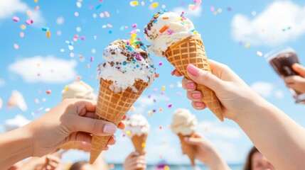 Sweet Summer Indulgence: A close-up captures the joyful clinking of ice cream cones against a vibrant blue sky, adorned with sprinkles. A snapshot of a carefree day with creamy sweetness.