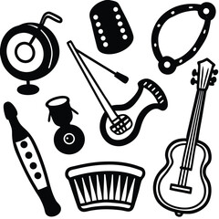 Obraz premium Melodic Instruments: An ensemble of musical instruments, each with a unique shape, harmonize in a black and white design, creating a visual symphony of sound and rhythm.