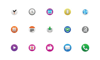 Modern Apps Icon Collection vibrant set of 15 circular, 3D style icons for mobile and web UI, time, calendar, communication, email, phone, message, and security