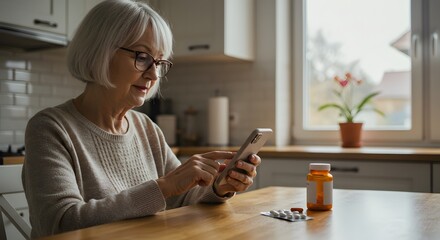 Senior Woman Using Smartphone Near Medication in Bright Kitchen.