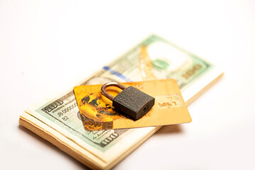 Credit card banknote, and lock isolated on white background 