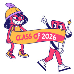 Class of 2026 characters celebrating with a banner