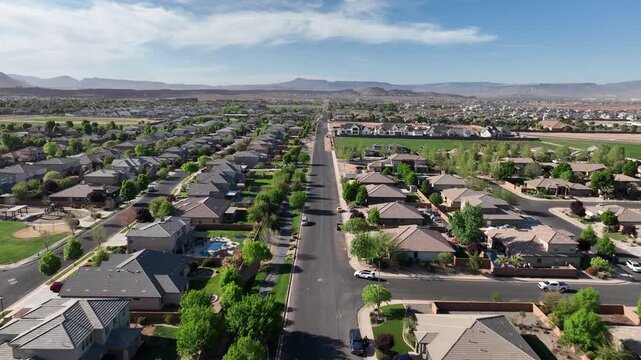 Straight Aerial View Down Suburban Street in Saint George, Utah