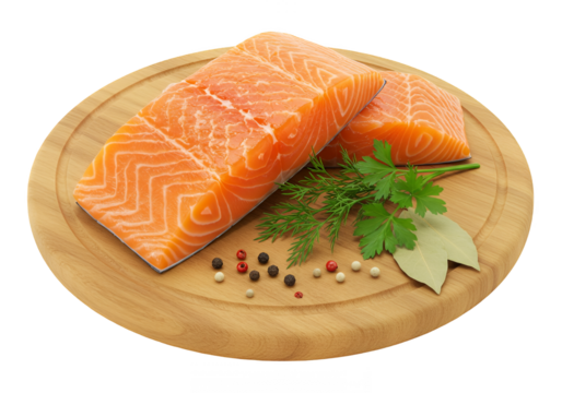 Fresh salmon fillets on a wooden board isolated on transparent background