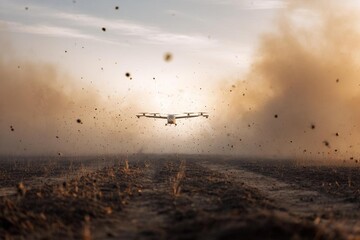 Aerial view of an aircraft dispersing seeds over a barren landscape. Dust trails swirl under golden light, symbolizing reforestation, hope, and ecological recovery.