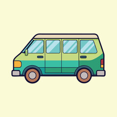 Stylized Green and Teal Van Illustration on a Light Yellow Background