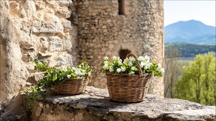 A woven basket with white flowers on the stone windowsill of an ancient French castle, overlooking green hills, trees in springtime, sun through leaves on a stone path for a warm atmosphere.