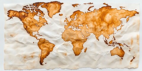 A world map, outlined in burnt orange, on crinkled, aged paper