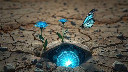 Blue flowers and a butterfly bring hope to cracked earth, sustained by a mysterious glowing energy core.