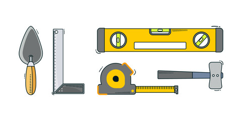 Some collections of carpentry tools isolated on white background such as cement trowel, spirit level, square ruler, tape measure and wooden hammer