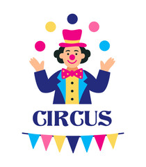 Colorful Clown in festive costume juggling with balls. Flags. World Circus Day. Welcome carnival. Entertainment events, circus promotions, and children's party themes