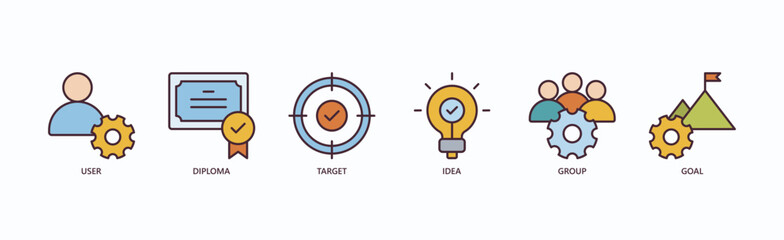Personal Development Icon Set Isolated Vector Illustration Concept With Icon Of User, Diploma, Target, Idea, Group, Goal In Outline Color Style