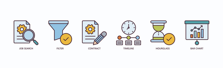 Employment Essentials Icon Set Isolated Vector Illustration Concept With Icon Of Job Search, Filter, Contract, Timeline, Hourglass, Bar Chart In Outline Color Style