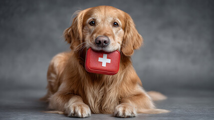 a golden retriever holding a red first aid kit in its mouth. png