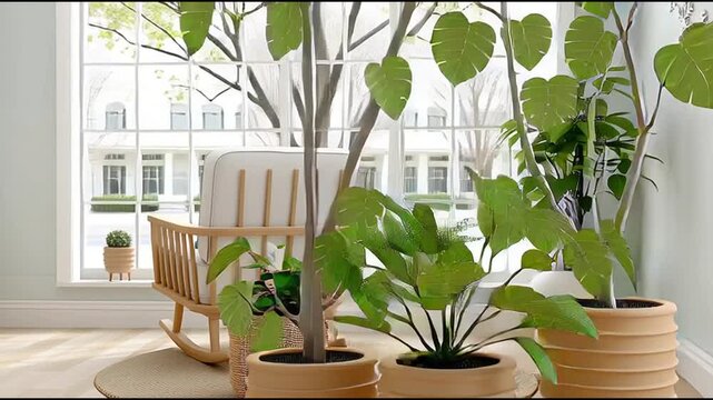 Serene Indoor Oasis: A sun-drenched room reveals a cozy ambiance, where a meticulously designed interior blends with natural elements. A rocking cradle, potted plants.