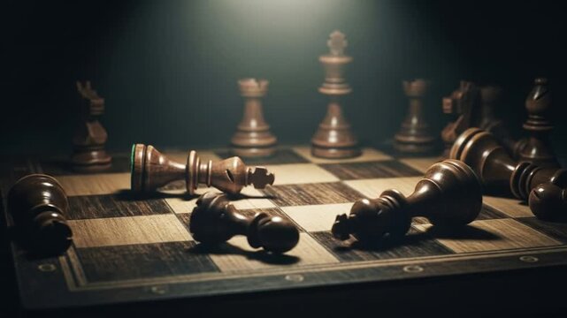 Strategic Chess Battle: Defeated King and Scattered Pieces on a Grungy Board Under Dramatic Light