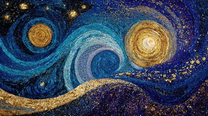 Mosaic swirls, gold, blue, starry night