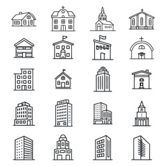 Fototapeta premium Minimal Line Icons Set of Buildings and Architectural Structures.