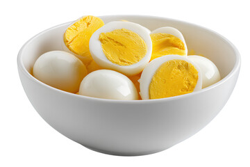 Hard-boiled eggs and raw eggs in bowl, isolated transparent background
