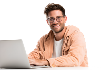 Smiling man with glasses working on laptop, success, online business, modern technology