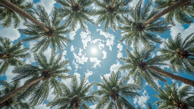 Looking up through a canopy of tall palm trees towards a bright sun and blue sky with fluffy clouds - Powered by Adobe