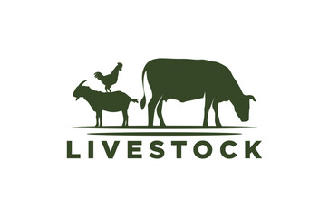 Livestock logo design silhouette animal Cow, goat, and rooster. Vector illustration.