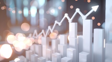 modern 3D render of a white bar chart with ascending values and jagged white line graph, large upward arrow and percentage symbol, soft gradient grey
