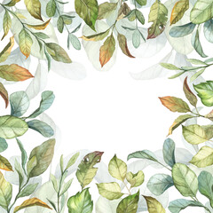 Greeting card with leafy frame - green and withered leaves, stems. Watercolor hand painted botany frame template for invitations, greeting cards, banners with copy space