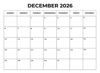 Printable December 2026 Calendar with Daily Boxes week starts from sunday