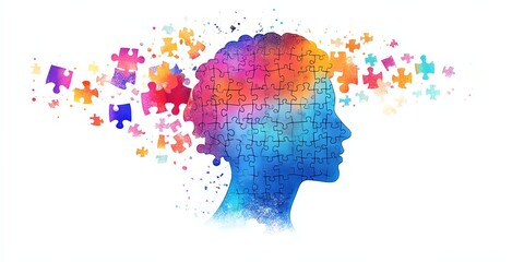 Fototapeta premium Colorful puzzle pieces forming a head, symbolizing ideas.