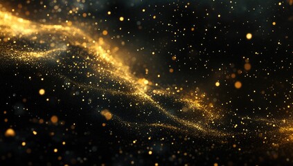 Golden particles swirling in a dark, cosmic backdrop