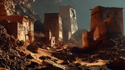 Ancient ruins emerge from desert sands, symbolizing time's passage and nature reclaiming human creations in an untouched landscape