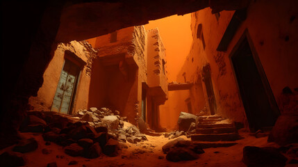 Ancient ruins emerge from desert sands, symbolizing time's passage and nature reclaiming human creations in an untouched landscape