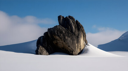 Majestic mountain rock contrasts against pristine snow in a serene winter landscape during a cloudy day