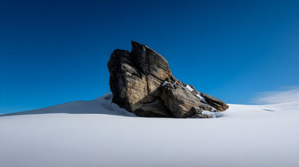 Majestic mountain rock contrasts against pristine snow in a serene winter landscape during a cloudy day
