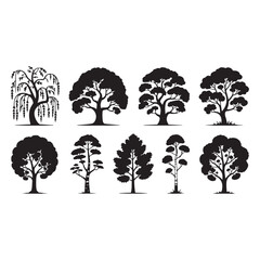 set of trees silhouettes on white background.