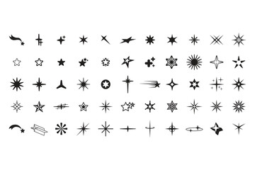 A collection of icons of stars and sparks. A set of star shapes. Abstract symbols are ideal for designing posters, projects, banners, logos. Vector illustration