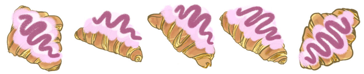Hand-drawn Croissant Pastry with Pink Cream and Icing Zigzag Topping – Cute Bakery Element Illustration for Digital Design