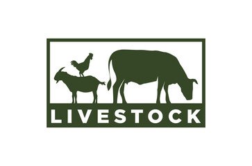 Livestock logo design silhouette animal Cow, goat, and rooster. Vector illustration.