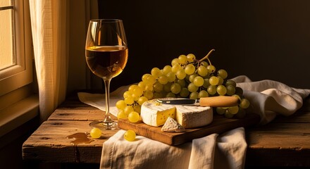 A glass of white wine sits on a rustic wooden table next to a wheel of cheese green grapes and a knife on a cutting board