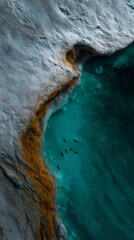 Glacial river surrounded by ice formations and birds in flight during a serene twilight setting