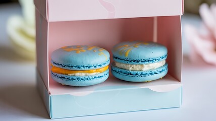 Two blue macarons with yellow drizzle in a pastel box
