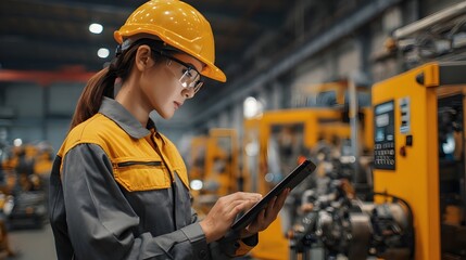Female engineer using digital tablet to monitor factory machinery, showcasing smart technology. Concept :Smart manufacturing, Industry 4.0, digital monitoring, technology in industry, automation.
