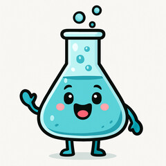 A friendly, animated laboratory beaker filled with a light blue liquid, featuring a cheerful face with wide eyes and a happy smile
