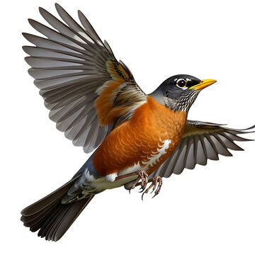 American robin in flight against a black background
